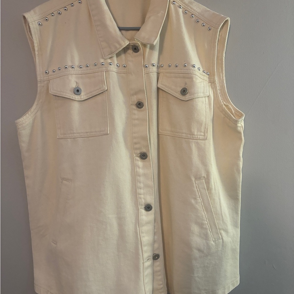 Studded Cream Sleeveless Denim Vest